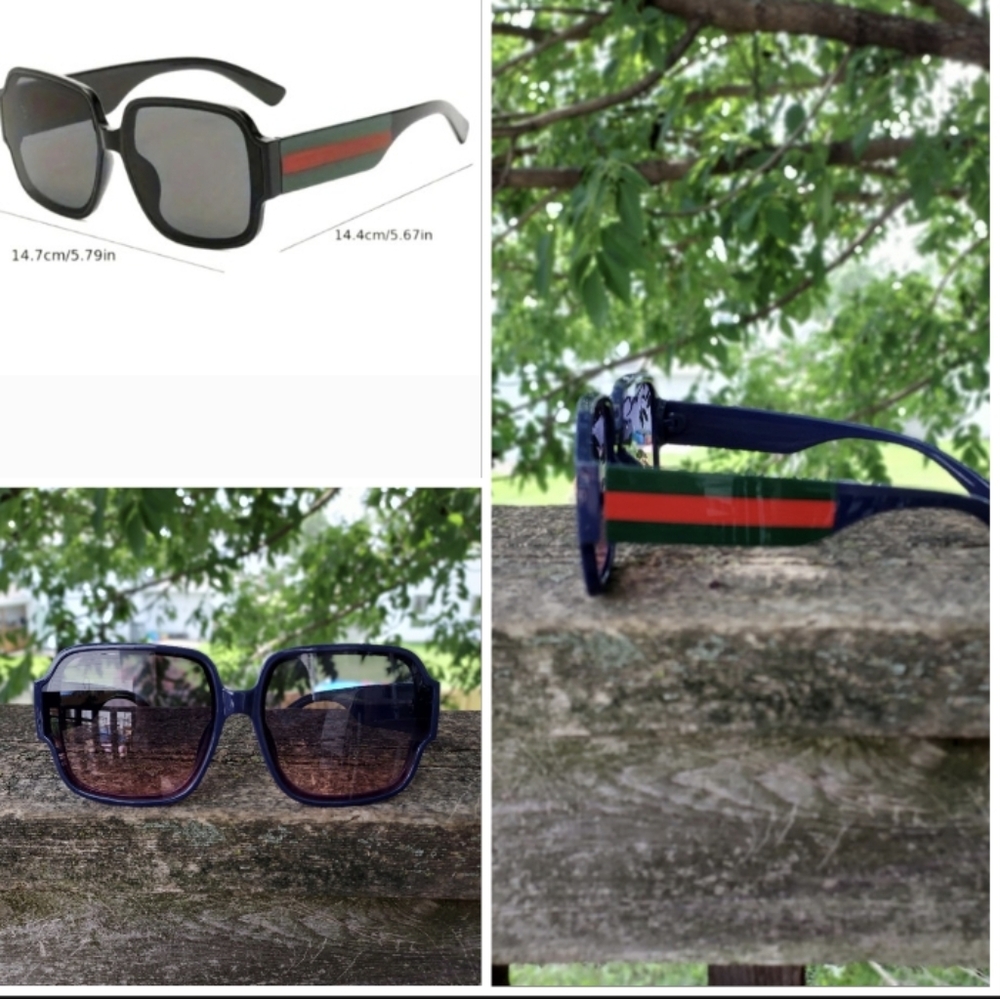 BLUE Italian Designer Oversized Sunglasses w/ Red Green Stripes Sides BRAND NEW
